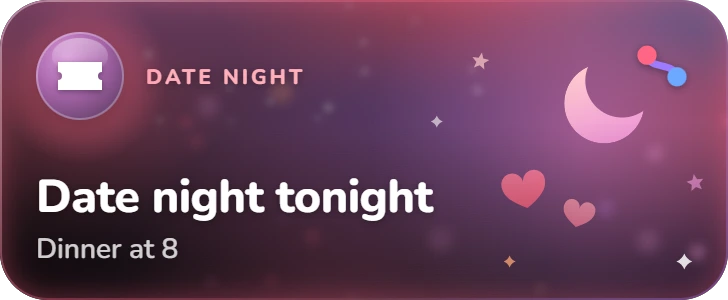 Emberknot Live Activity on the Lock Screen: “Date night tonight”, Dinner at 8. Labelled “Date night”, over a crescent moon and small hearts, with the Emberknot mark in the corner.