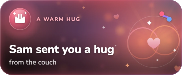 Emberknot Live Activity on the Lock Screen: “Sam sent you a hug”, from the couch. Labelled “A warm hug”, over two warm rings overlapping around a heart, with the Emberknot mark in the corner.