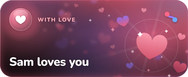 Emberknot Live Activity on the Lock Screen: “Sam loves you”. Labelled “With love”, over floating hearts around one large heart, with the Emberknot mark in the corner.