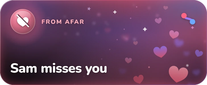 Emberknot Live Activity on the Lock Screen: “Sam misses you”. Labelled “From afar”, over small hearts drifting in the dark, with the Emberknot mark in the corner.