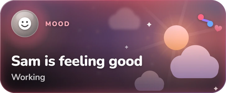 Emberknot Live Activity on the Lock Screen: “Sam is feeling good”, Working. Labelled “Mood”, over a sun behind soft clouds, with the Emberknot mark in the corner.