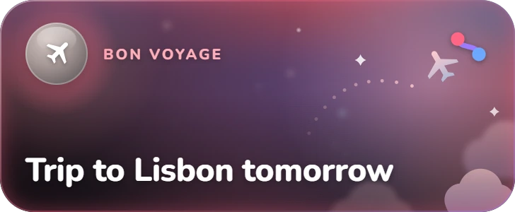 Emberknot Live Activity on the Lock Screen: “Trip to Lisbon tomorrow”. Labelled “Bon voyage”, over a plane crossing the sky above a cloud, with the Emberknot mark in the corner.